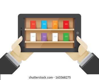 Electronic book collection library on the tablet computer in student hands. Idea - E-books (ibooks), education, magazines, internet media collection, mobile reading and education, cloud computing