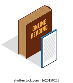 Electronic book concept with cell prone gadget 3d isometric vector design, online reading, book web archive, e-book ebook.