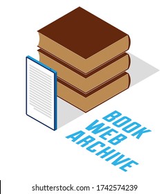 Electronic book concept with cell prone gadget 3d isometric vector design, online reading, book web archive, e-book ebook.