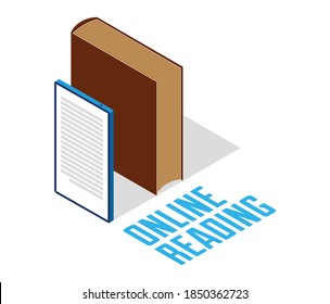 Electronic book concept with cell prone gadget 3d isometric vector design, online reading, book web archive, e-book ebook.