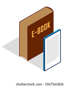 Electronic book concept with cell prone gadget 3d isometric vector design, online reading, book web archive, e-book ebook.