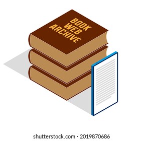 Electronic book concept with cell prone gadget 3d isometric vector design, online reading, book web archive, e-book ebook.