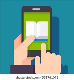 Electronic book concept. Digital book concept. Reading E-book on smartphone. Online mobile library in smartphone. Books in smart phone 