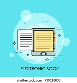 Electronic book. Concept of modern electronical device or mobile gadget for reading, e-book with monochrome display, e-reader or tablet PC. Colorful vector illustration for web banner, website, poster