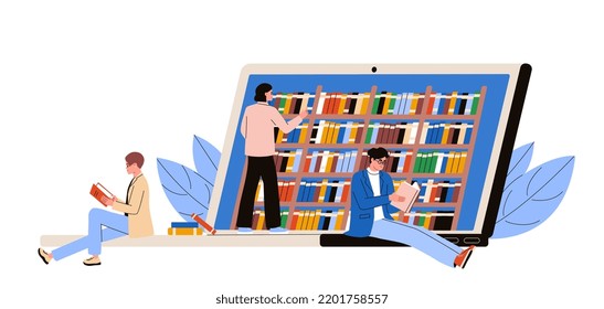 Electronic book concept. Online library concept. Reader app with books collection. Laptop, people reading. Flat vector illustration.