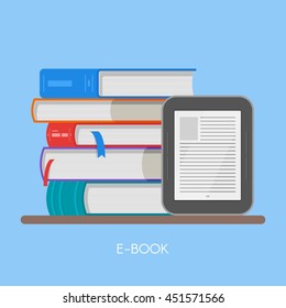 Electronic book concept vector illustration in flat style. Stack of books and e-book reader.