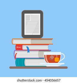 Electronic book concept vector illustration in flat style. Stack of books and e-book reader.