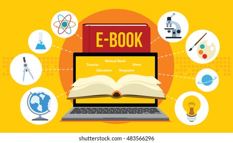 electronic book ebook with laptop and yellow background vector illustration