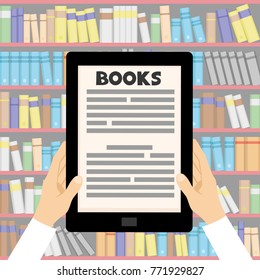 Electronic book in hands and the books on the shelves.