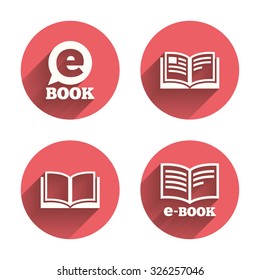 Electronic book icons. E-Book symbols. Speech bubble sign. Pink circles flat buttons with shadow. Vector