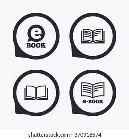 Electronic book icons. E-Book symbols. Speech bubble sign. Flat icon pointers.