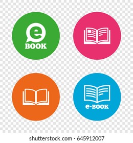 Electronic book icons. E-Book symbols. Speech bubble sign. Round buttons on transparent background. Vector