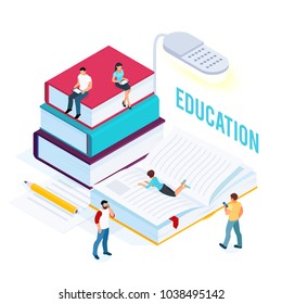 Electronic book isolated on white background. 3d e-learning concept with reading people. Reading books from mobile device. Vector illustration.