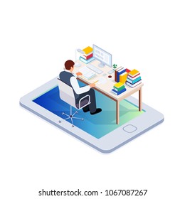 Electronic book isolated on white background. 3d e-learning concept with reading man. Reading books from mobile device. Vector illustration.