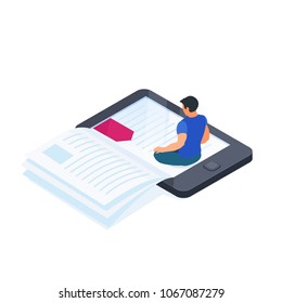 Electronic book isolated on white background. 3d e-book concept with reading man. Reading books from mobile device. Vector illustration.