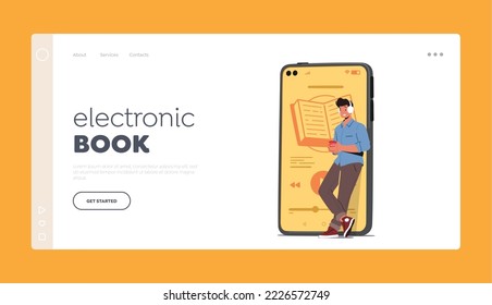 Electronic Book Landing Page Template. Young Man Stand at Huge Smartphone Listen Book With Headphones Online. E-Library, Reading E-book, Education. World Book Reading Day. Cartoon Vector Illustration