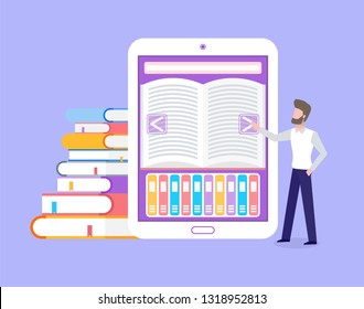 Electronic book with library for free students access vector. Ebook with opened page, man touching screen of tablet. Education printed materials in cover