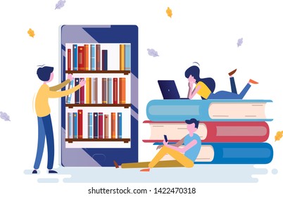 Electronic book with library for free students access vector. Ebook with opened page, man touching screen of tablet. Education printed materials in cover