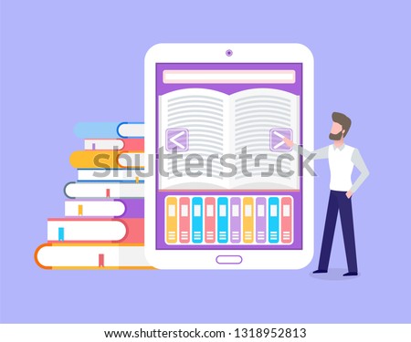 Electronic book with library for free students access vector. Ebook with opened page, man touching screen of tablet. Education printed materials in cover