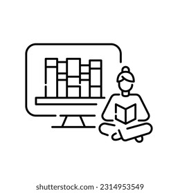 Electronic book library. Girl sitting comfortable with legs crossed reading a book at home. Pixel perfect, editable icon