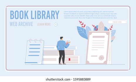 Electronic Book Library and Internet Archive Landing Page in Frame Design. Carton Man Character Reading E-Book. Technology and E-Learning Online. Media Digital Literature. Vector Flat Illustration