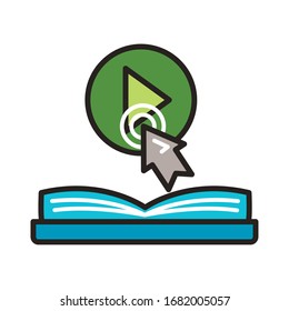 electronic book with mouse arrow and play button education online line and fill style vector illustration design