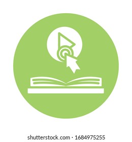 electronic book with mouse arrow and play button education online block style vector illustration design