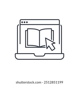 Livro eletrônico sobre leitura de laptop de e-library. Aplicação no site de informações educacionais. Ícone linear de vetor isolado no plano de fundo branco.