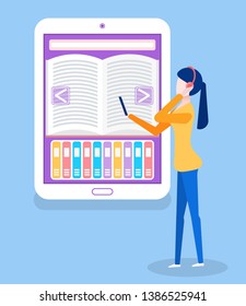Electronic book and person with smartphone isolated vector. Woman wearing headphones listening to video on phone, ebook with library and book access