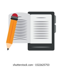 electronic book reader device and pencil over white background, vector illustration