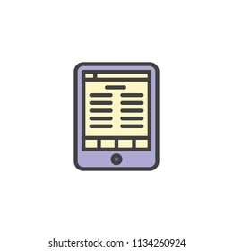 Electronic book reader tablet filled outline icon, line vector sign, linear colorful pictogram isolated on white. E-book reader symbol, logo illustration. Pixel perfect vector graphics