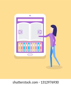 Electronic book and reader, woman reading ebook vector. Library with free access, bookworm touching pages of tablet with publication. Preparing for exam