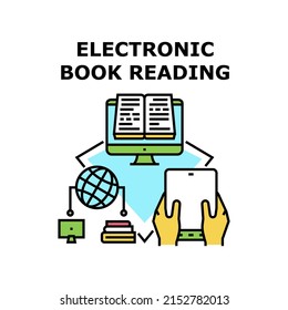 Electronic Book Reading Vector Icon Concept. User Electronic Book Reading Online On Computer Monitor And Digital Tablet Screen. Worldwide Network Internet Library E-book Color Illustration