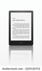 Electronic book with reflection isolated on white background. E-reader with text on display. Front side of the e-book vector illustration.