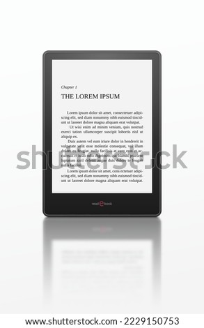 Electronic book with reflection isolated on white background. E-reader with text on display. Front side of the e-book vector illustration.