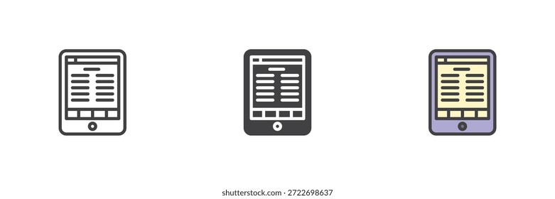 Conjunto de iconos de estilo diferente de tableta de libro Electrónica para lectura en línea. Línea, sólido y llenado Vector de color de contorno signo y símbolo. Paquete de iconos limpio para App, educación y sistemas de iconos de libros.