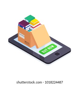 Electronic books isometric concept. 3d pile of books in a cardboard box on the smartphone screen. Buying and reading books online. Vector illustration.