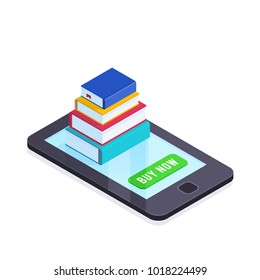 Electronic books isometric concept. 3d pile of books on the smartphone screen. Buying and reading books online. Vector illustration.