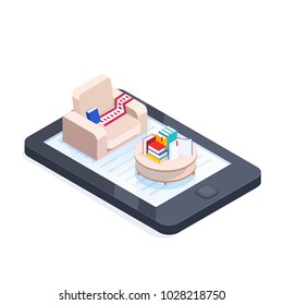 Electronic books isometric concept. 3d armchair and coffee table with stacks of books on the smartphone screen. Buying and reading books online. Vector illustration.