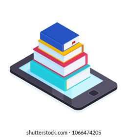Electronic books isometric concept. 3d pile of books on the smartphone screen. Buying and reading books online. Vector illustration.