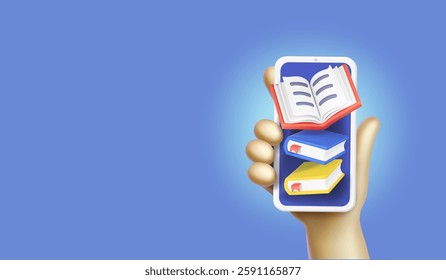 Electronic books in phone. Hand holding mobile phone with Books . Online library. Distance Education. Download books or read in mobile app concept