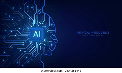 Electronic brain and Artificial intelligence technology concept. Human head outline with circuit board. Machine learning concept. Circuit board. Vector illustration for web, banner and template.