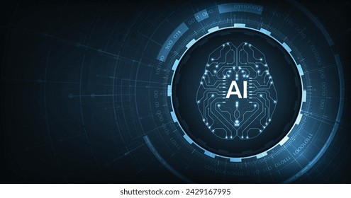 Electronic Brain and Concept of Artificial Intelligence (AI).Graphic of a digital brain and Human head outline made from the circuit board, connecting on a dark blue background.	