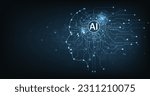 Electronic brain and Concept of artificial intelligence(AI).Graphic of a digital brain and Human head outline made from circuit board, connecting on dark blue background. 