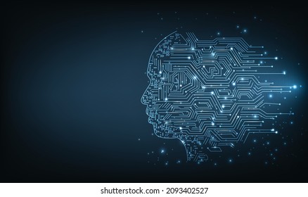  Electronic brain and Concept of artificial intelligence(AI).Graphic of a digital brain and Human head outline made from circuit board, connecting on dark blue background. 