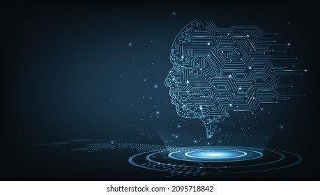  Electronic brain and Concept of artificial intelligence(AI).Graphic of a digital brain and Human head outline made from circuit board, connecting on dark blue background. 