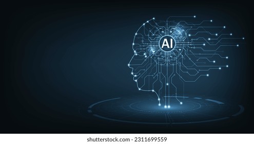 Electronic Brain and Concept of artificial intelligence(AI).Graphic of a digital brain and Human head outline made from the circuit board, connecting on dark blue background.