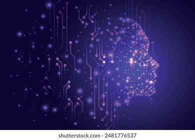 Cerebro Electrónica y concepto de inteligencia artificial (IA).Gráfico de un cerebro digital y contorno de la cabeza humana hecho de punto, conectando sobre fondo púrpura oscuro.