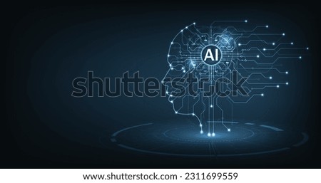 Electronic Brain and Concept of artificial intelligence(AI).Graphic of a digital brain and Human head outline made from the circuit board, connecting on dark blue background.