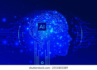 Electronic brain and Concept of artificial intelligence.Graphic of a digital brain and Human head outline made from circuit board, connecting on a dark blue background.